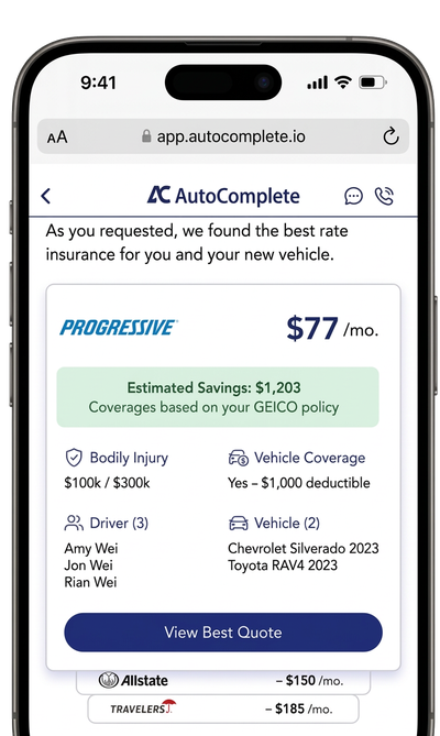 AutoComplete app showing insurance quote comparison